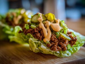 Close-up of a Big Mac salad in lettuce wraps, topped with seasoned ground beef, pickles, and special sauce.