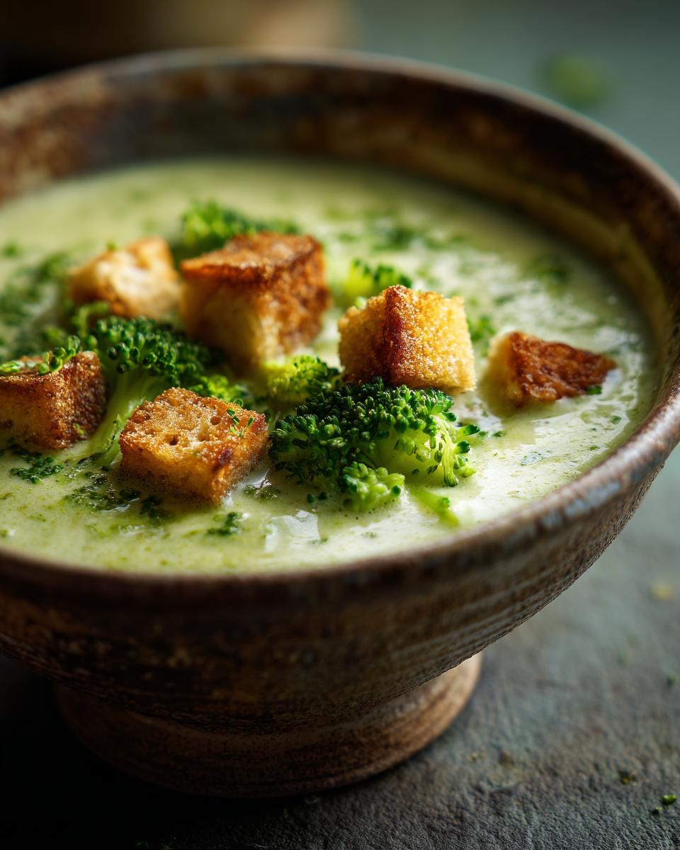 A close-up of a rustic bowl filled with creamy broccoli cheddar soup, topped with fresh broccoli florets and golden croutons.