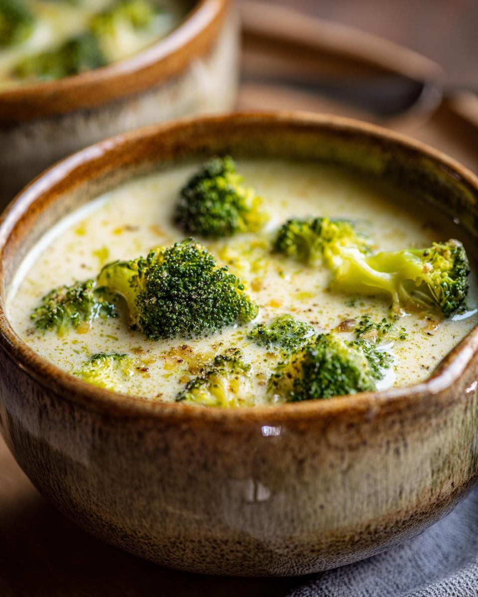 Close-up of a bowl of creamy Broccoli Cheddar Soup with visible florets and a sprinkle of seasoning.