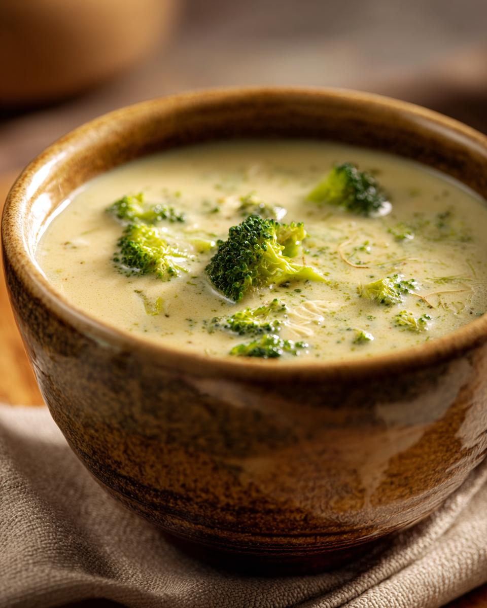 Close-up of a rustic bowl filled with creamy Broccoli Cheddar Soup, featuring tender broccoli florets.