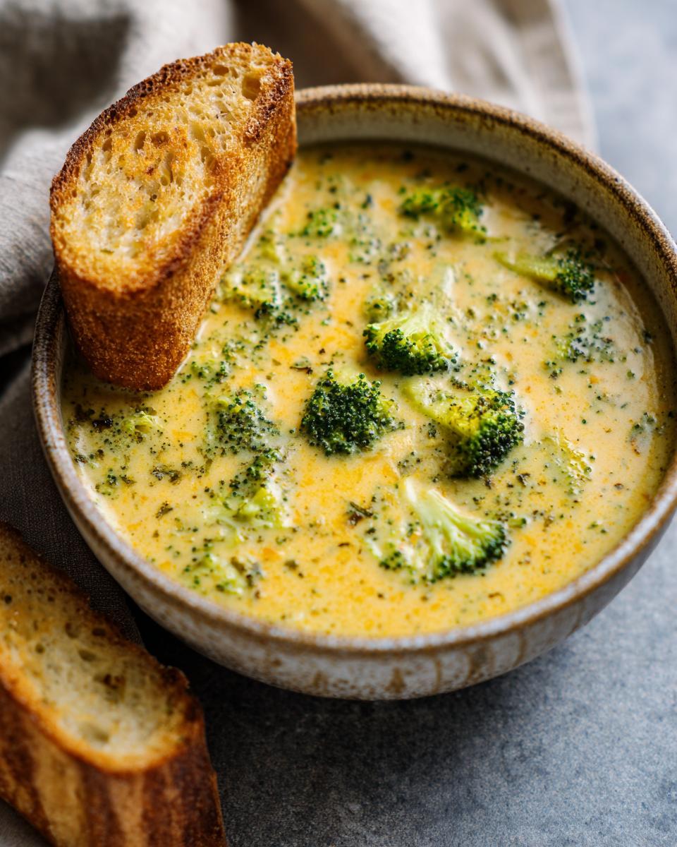 A close-up of a bowl of creamy Broccoli Cheddar Soup, featuring florets of broccoli and served with toasted bread slices.