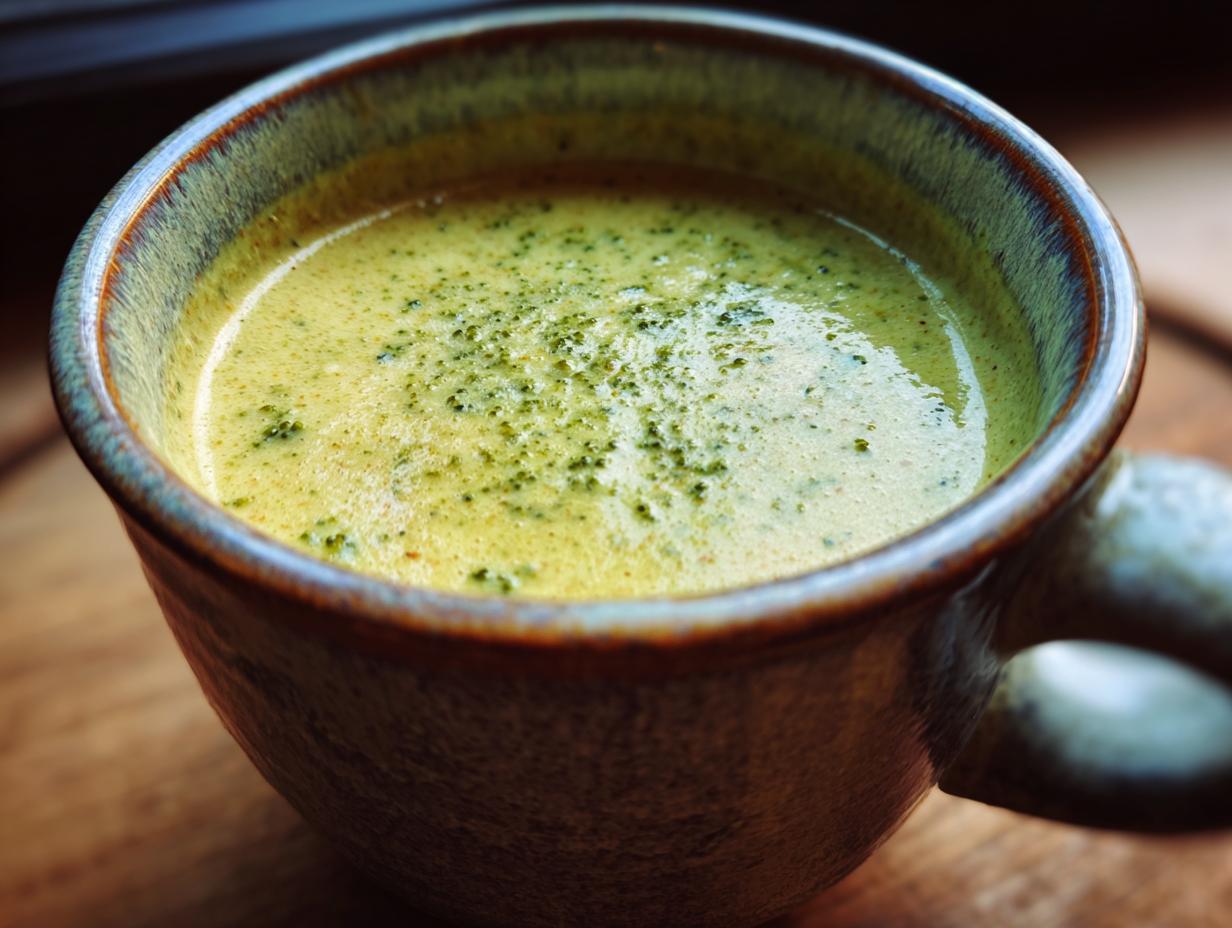 Close-up of a warm mug filled with creamy Broccoli Cheddar Soup, topped with finely chopped herbs.