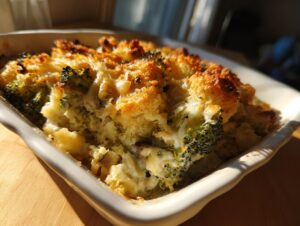 Close-up of a golden-brown baked broccoli cheese casserole with visible broccoli florets and melted cheese.