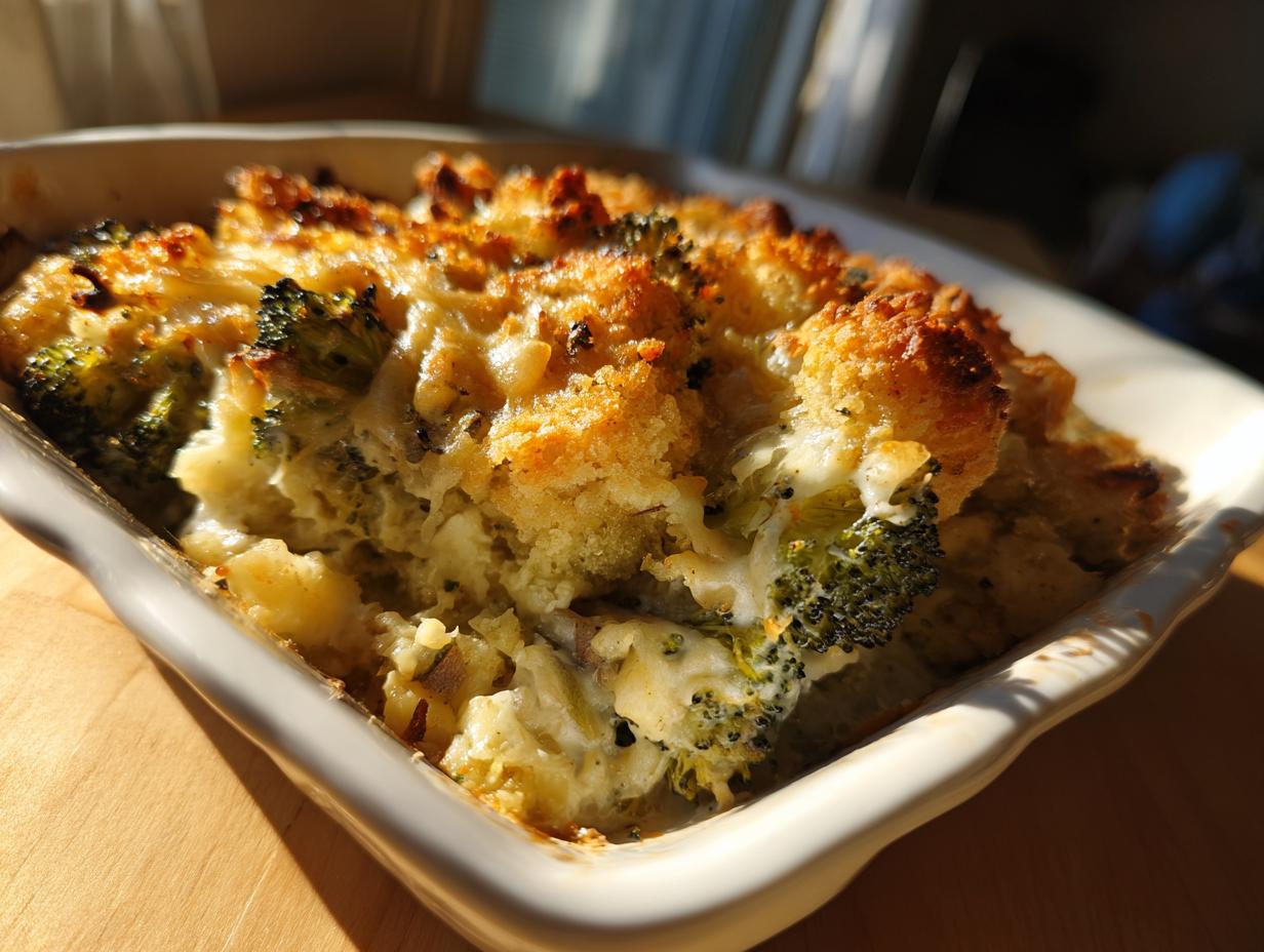 Close-up of a golden-brown baked broccoli cheese casserole with visible broccoli florets and melted cheese.