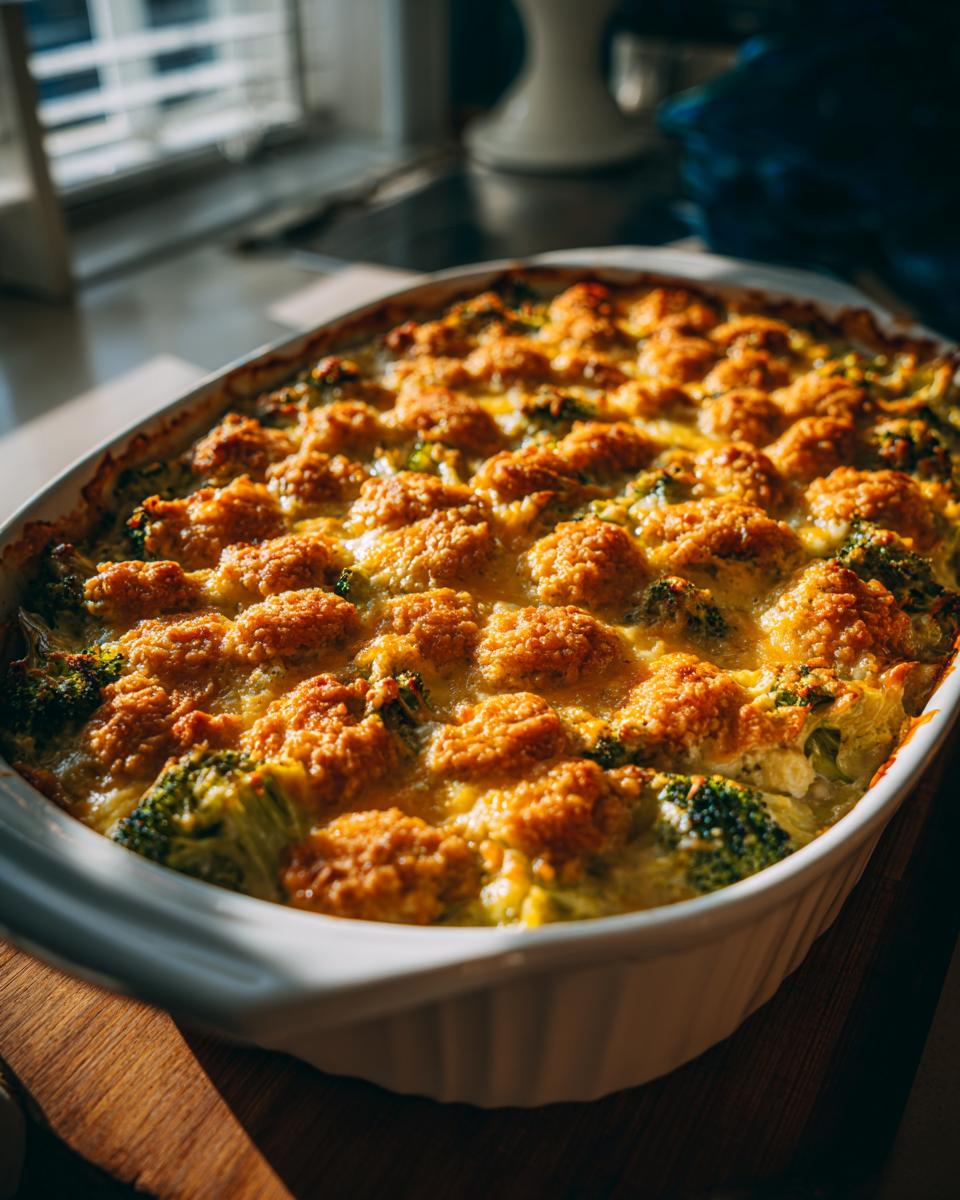 Close-up of a bubbling broccoli cheese casserole in a white baking dish, topped with golden brown cheese and breadcrumbs.
