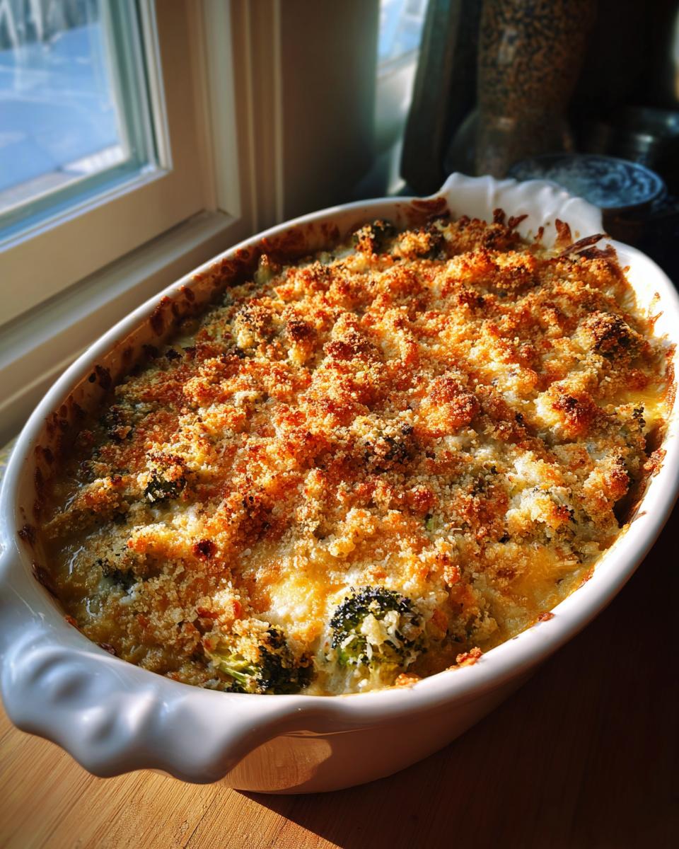 A golden-brown broccoli cheese casserole in a white baking dish, topped with crispy breadcrumbs and bubbling cheese.