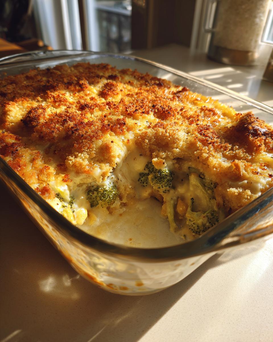 A close-up of a bubbling broccoli cheese casserole in a glass dish, featuring a golden-brown, crispy breadcrumb topping.
