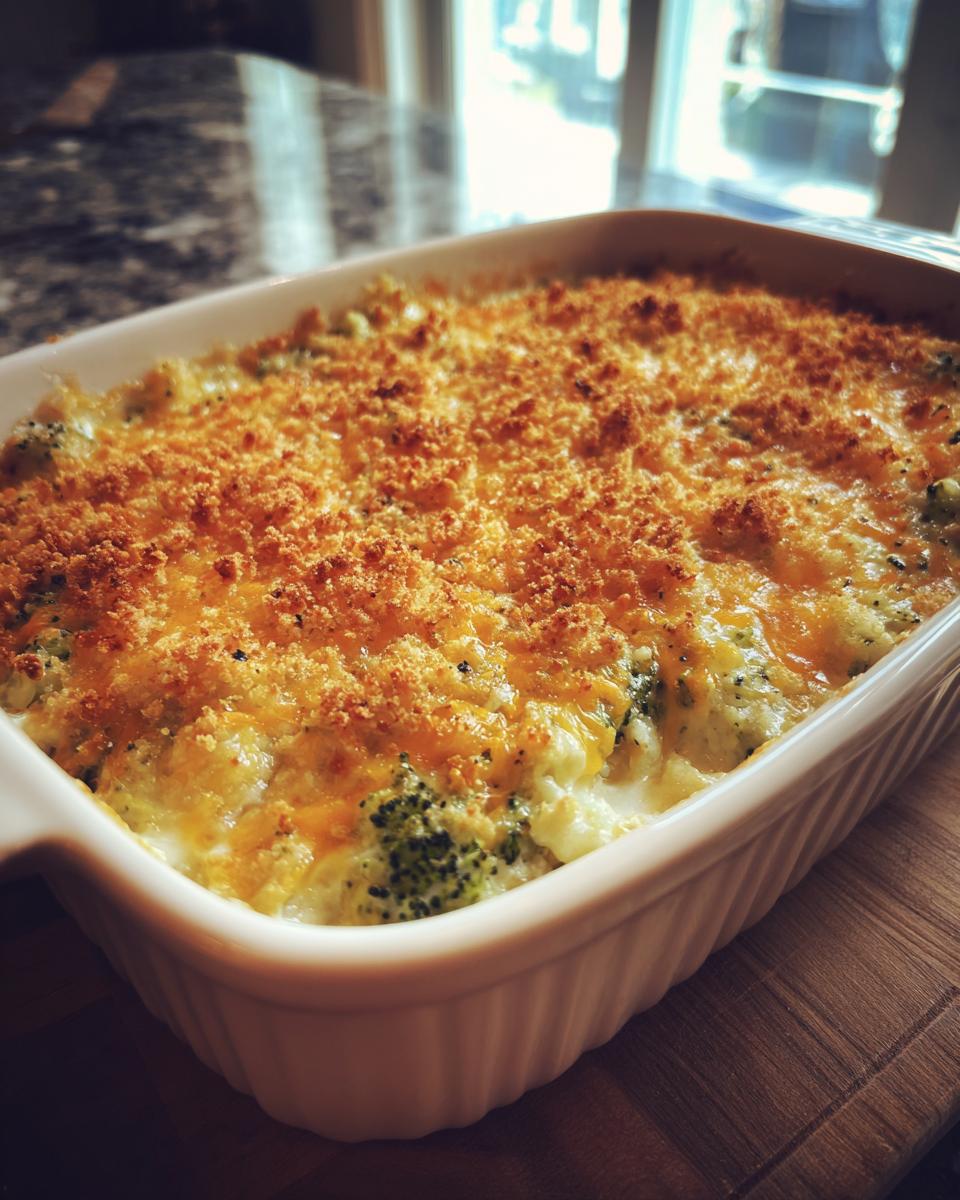A close-up of a bubbly broccoli cheese casserole with a golden breadcrumb topping.