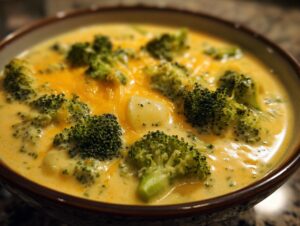 A close-up of a bowl of creamy broccoli potato cheese soup, topped with melted cheddar and fresh broccoli florets.