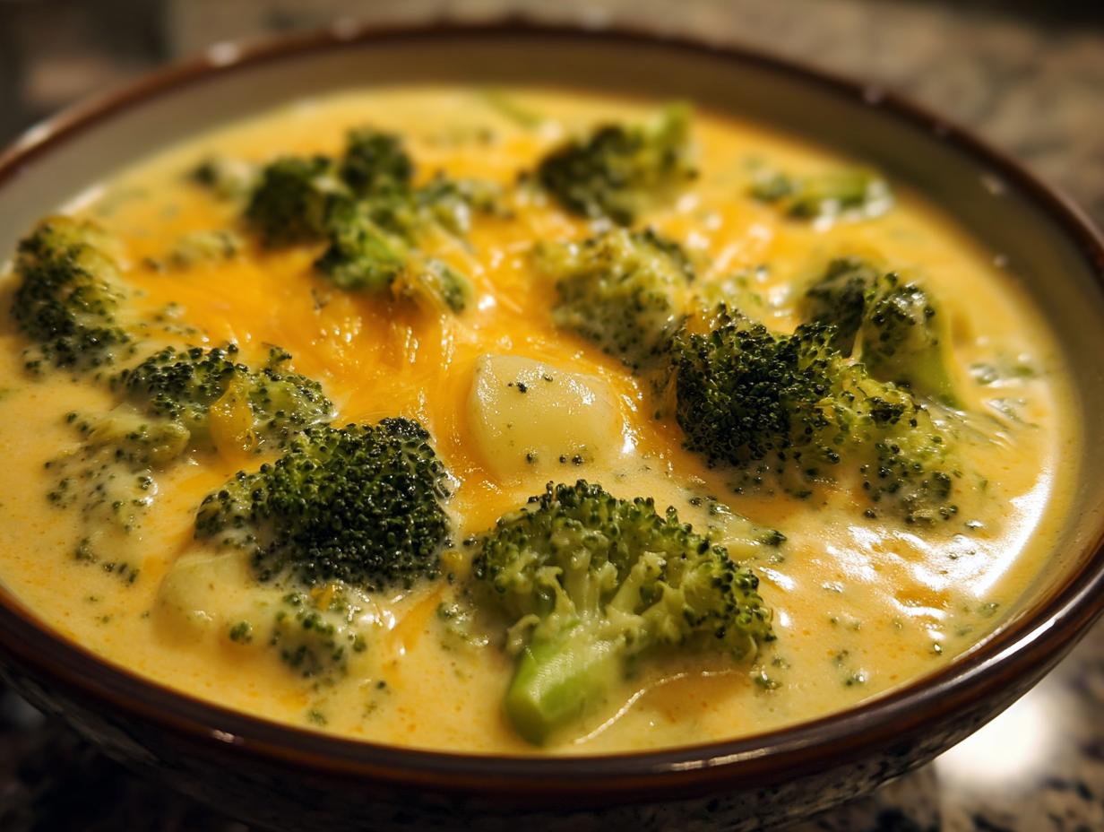A close-up of a bowl of creamy broccoli potato cheese soup, topped with melted cheddar and fresh broccoli florets.