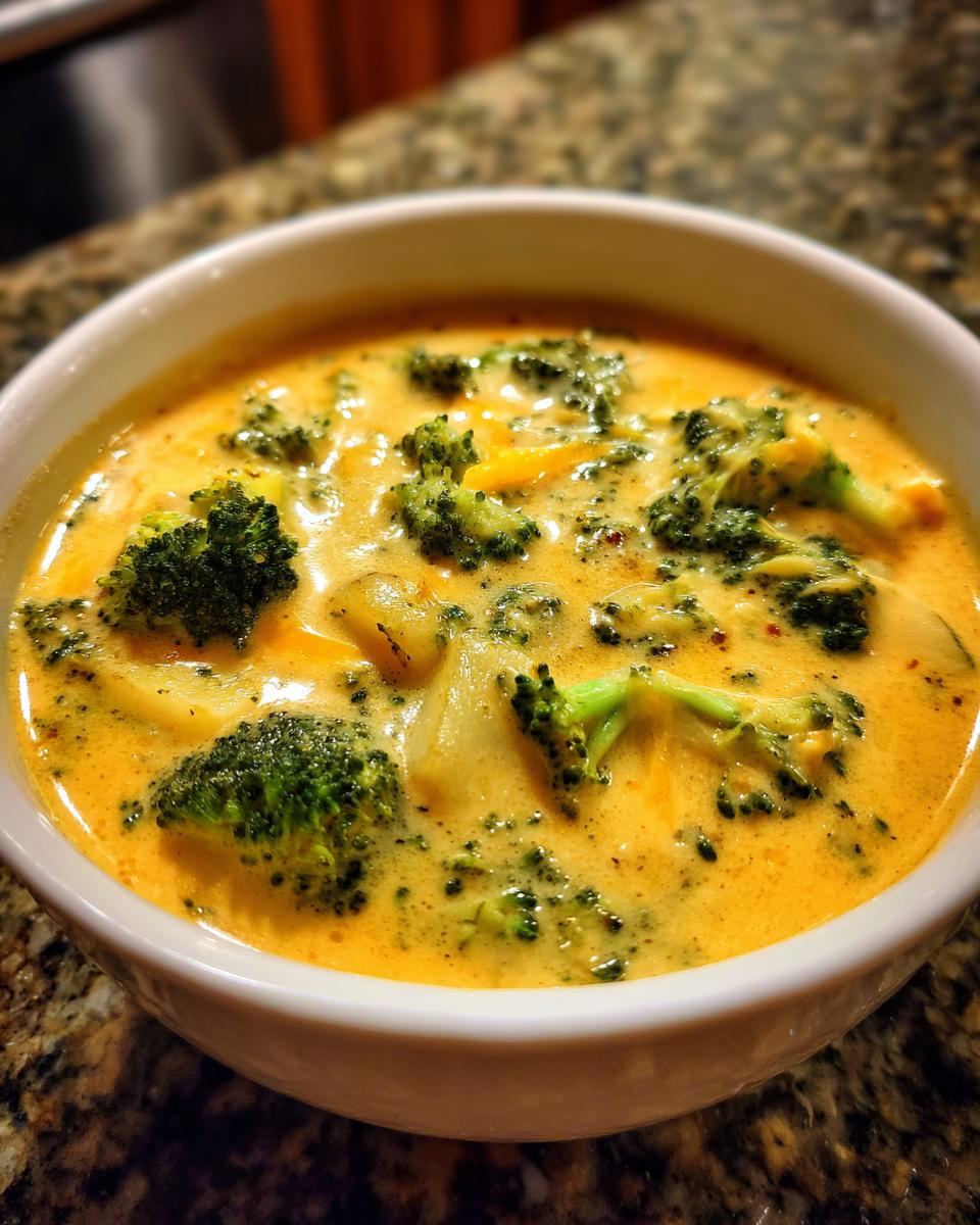 A close-up of a bowl filled with creamy broccoli potato cheese soup, featuring florets of broccoli and chunks of potato.