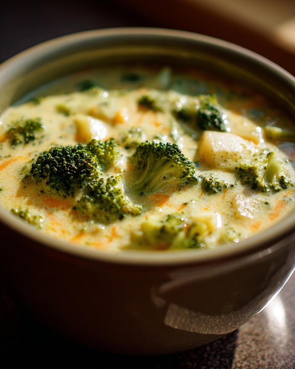 Close-up of a bowl filled with creamy broccoli potato cheese soup, featuring florets of broccoli and chunks of potato.