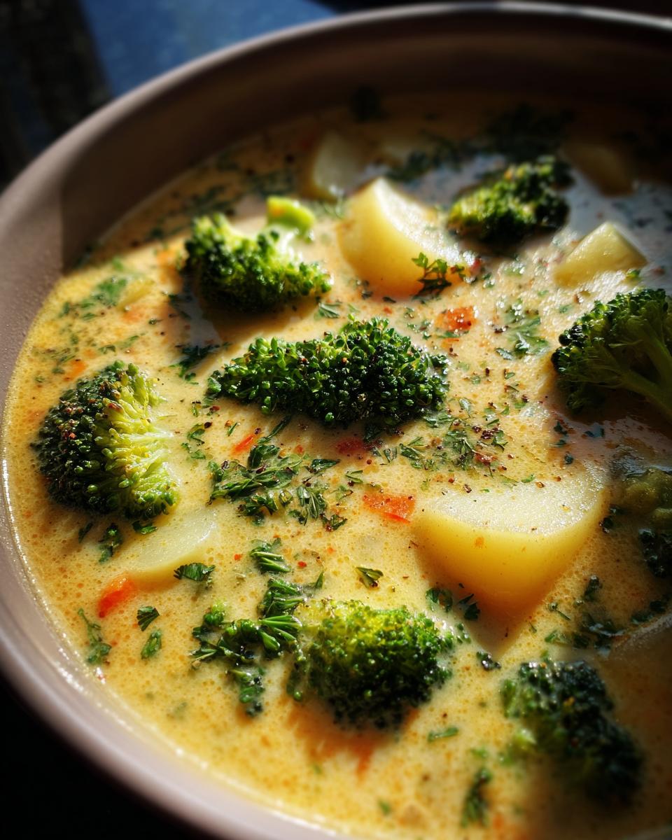 Close-up of a bowl of creamy broccoli potato cheese soup with visible florets and potato chunks.