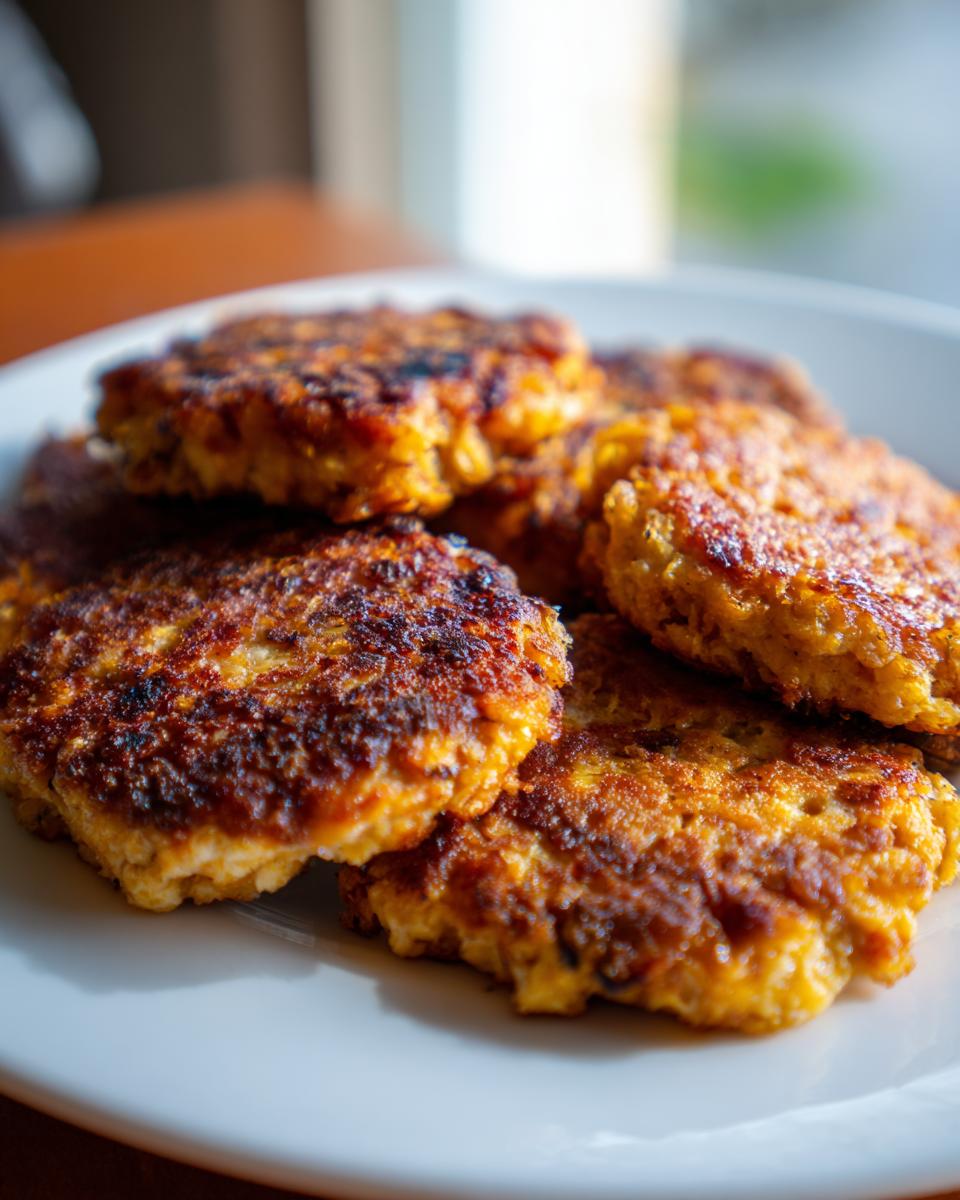 A close-up shot of several golden-brown canned salmon patties stacked on a white plate.