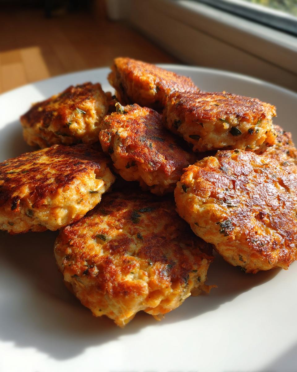 A close-up shot of a pile of golden-brown canned salmon patties, lightly seasoned with herbs.