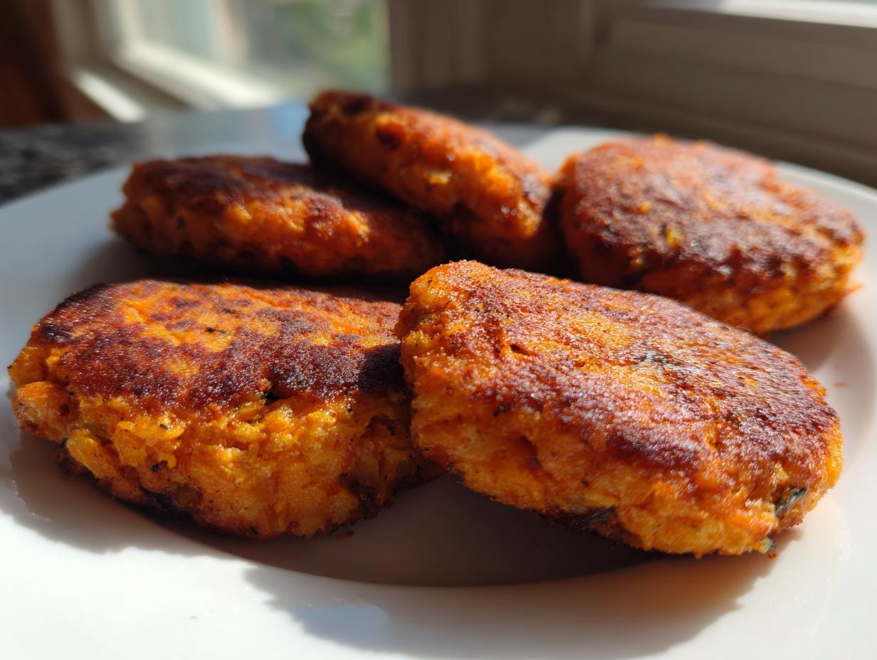 Close-up of golden-brown canned salmon patties on a white plate, ready to be served.
