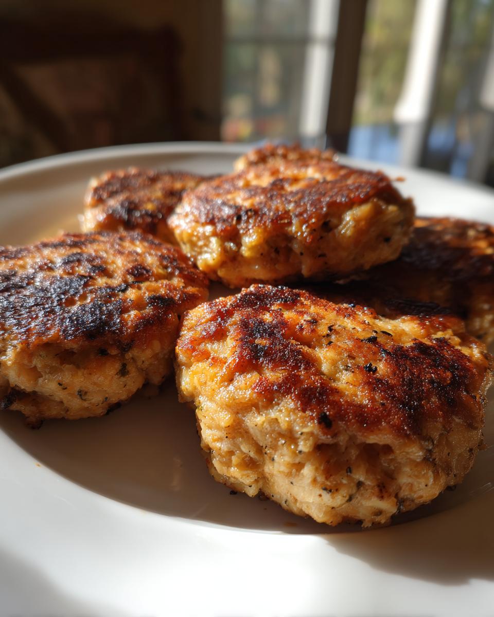 Close-up of golden-brown canned salmon patties stacked on a white plate, ready to be served.