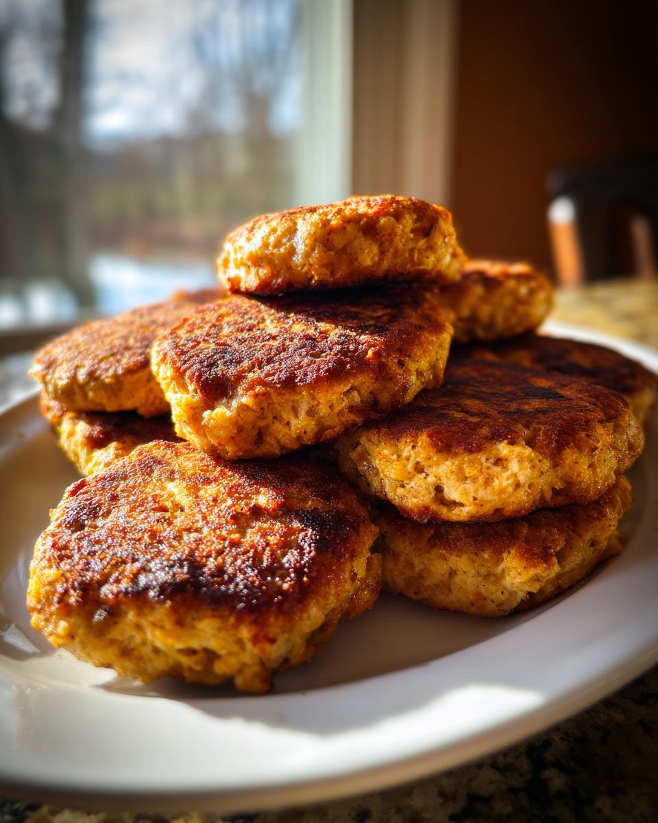 A stack of golden-brown canned salmon patties on a white plate, ready to be served.