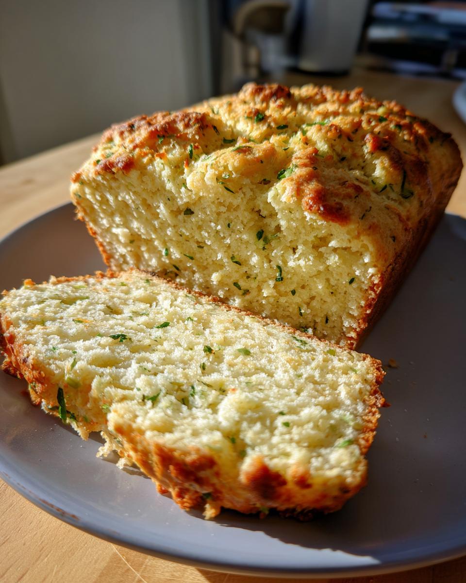 A loaf of golden-brown Cheddar Herb Quick Bread, with one slice cut and placed in front.