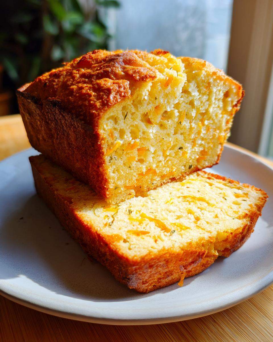 A loaf of golden-brown Cheddar Herb Quick Bread, with one slice cut and placed in front.