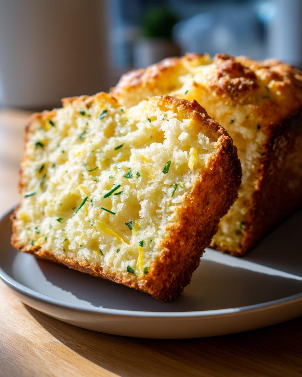 A close-up of a slice of cheddar herb quick bread, showing its fluffy texture and flecks of herbs.
