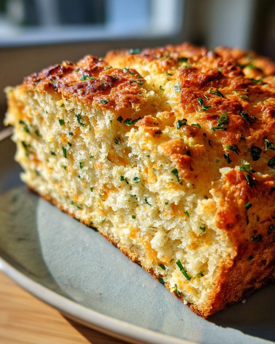 A close-up of a slice of delicious Cheddar Herb Quick Bread, showing the fluffy interior with melted cheddar and herbs.