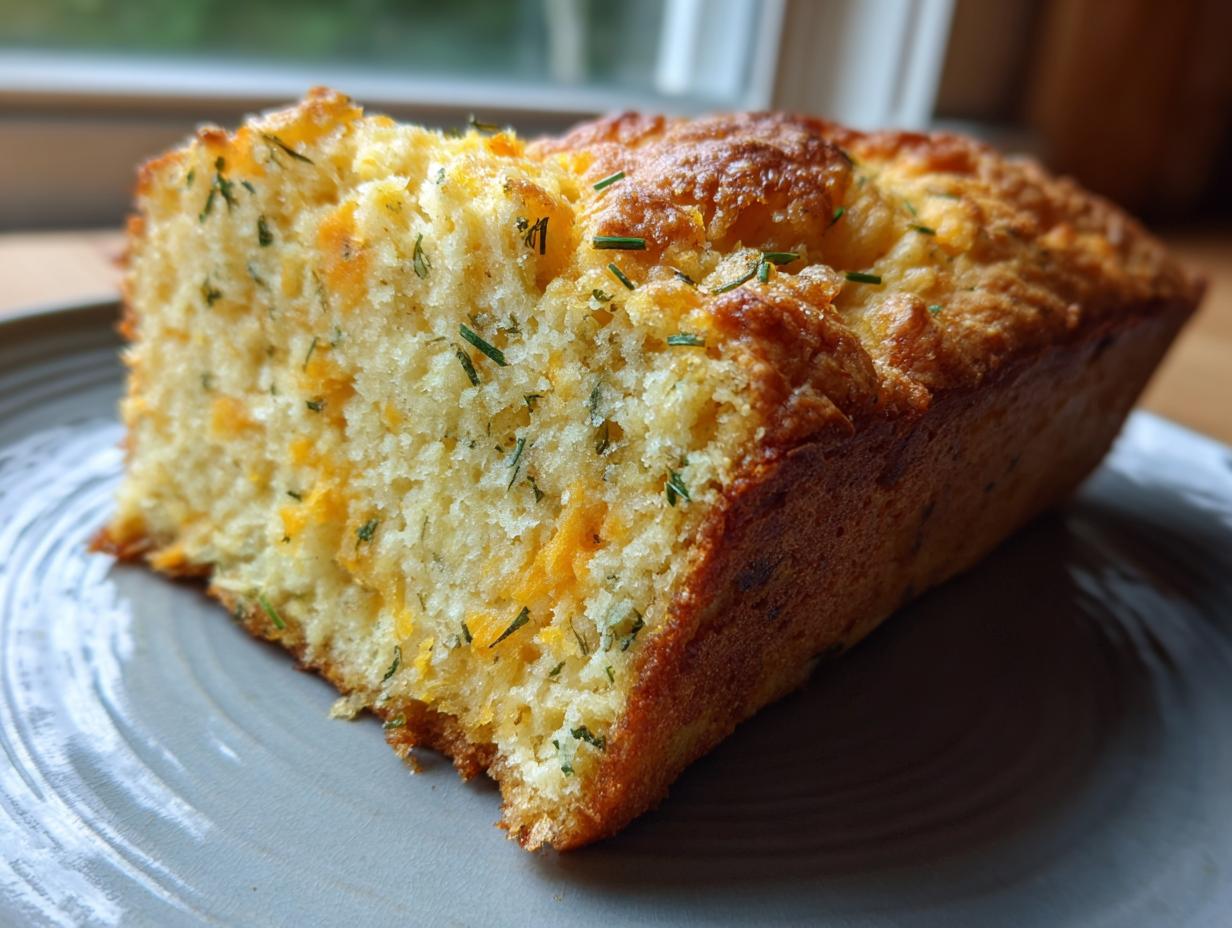 A slice of golden-brown Cheddar Herb Quick Bread with visible chunks of cheese and green herbs on a grey plate.