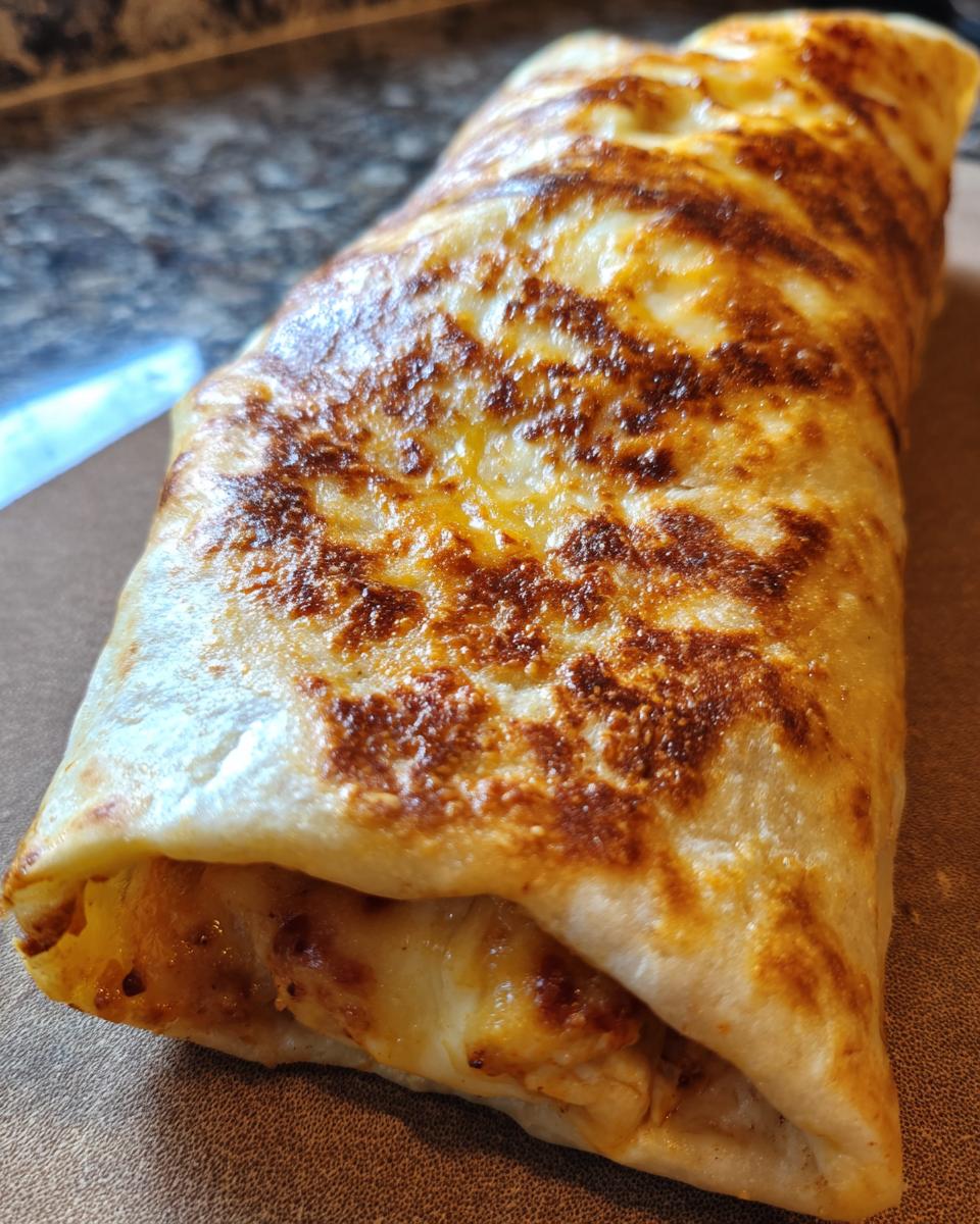Close-up of a golden-brown, pan-fried cheesy chicken garlic wrap, with melted cheese oozing out.