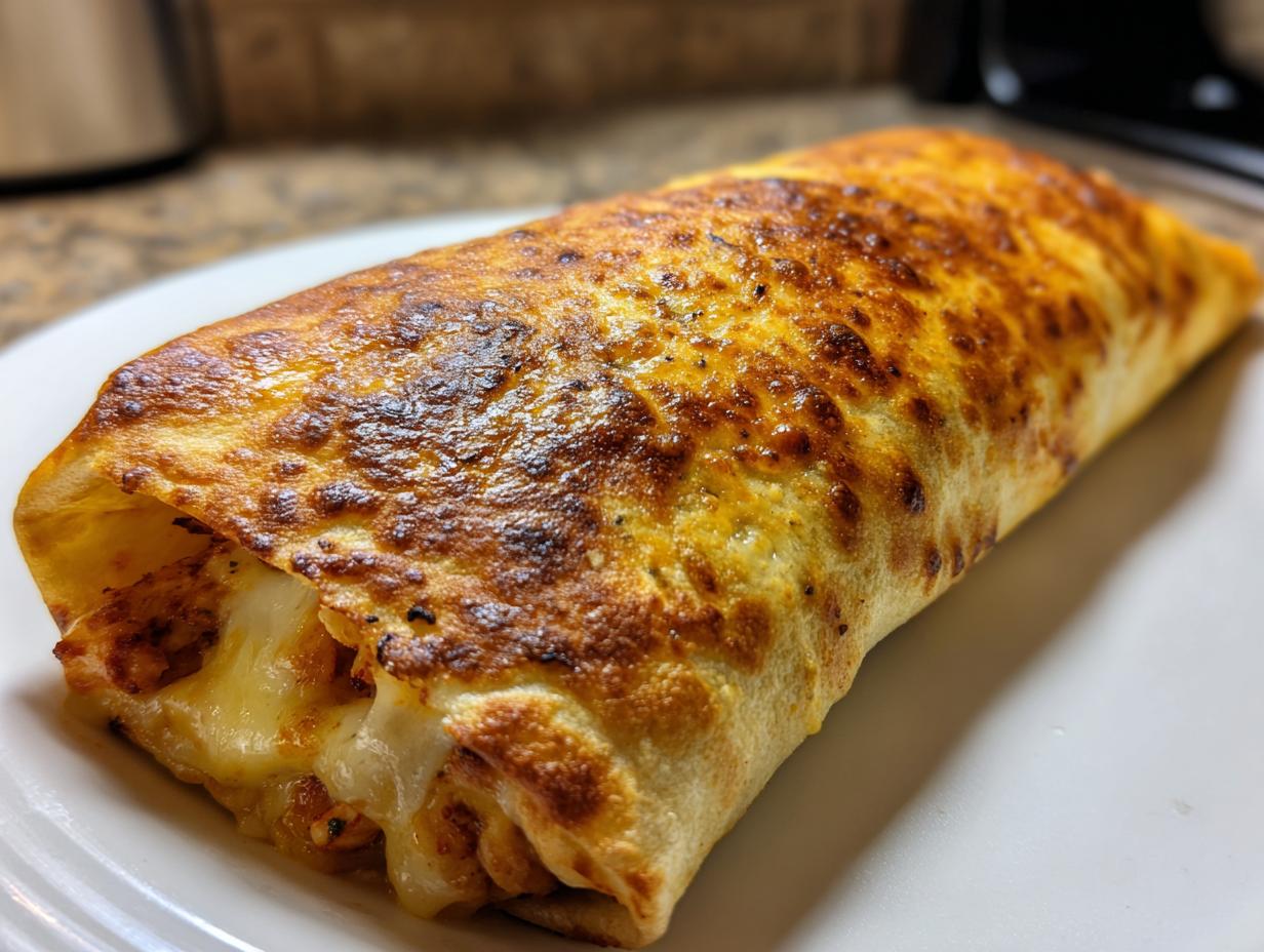 A golden-brown, baked cheesy chicken garlic wrap on a white plate, with melted cheese oozing out.