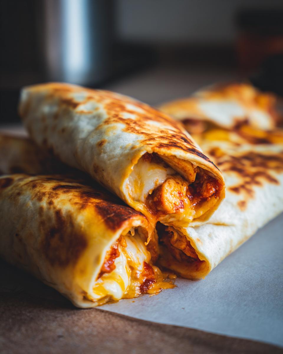 Close-up of cheesy chicken garlic wraps, showing melted cheese and seasoned chicken inside a golden-brown tortilla.