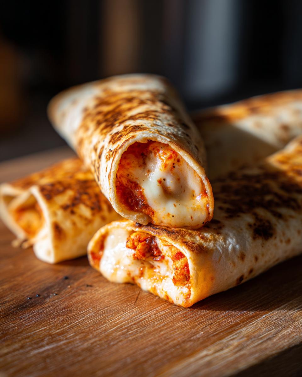 Close-up of cheesy chicken garlic wraps, showing melted cheese oozing out of the tortilla.