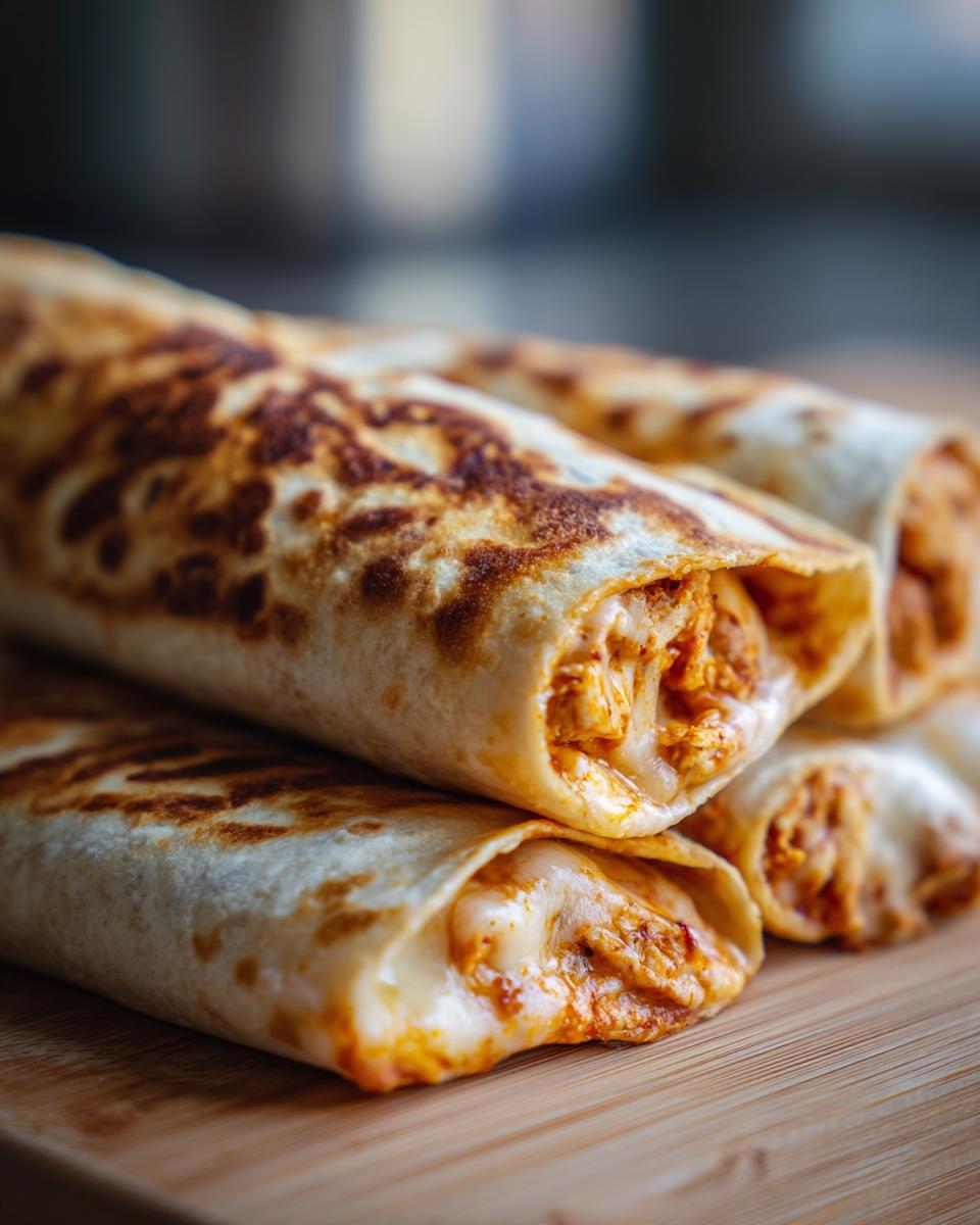 Close-up of delicious cheesy chicken garlic wraps, showing melted cheese and seasoned chicken filling.