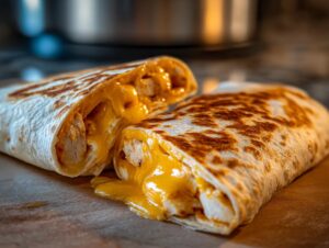 A close-up of cheesy garlic chicken wraps cut in half, showing melted cheese and chicken.
