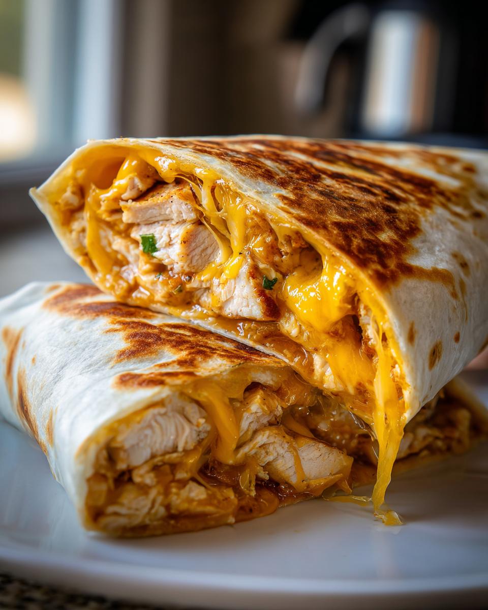 A close-up view of cheesy garlic chicken wraps, cut in half to reveal tender chicken and melted cheese.