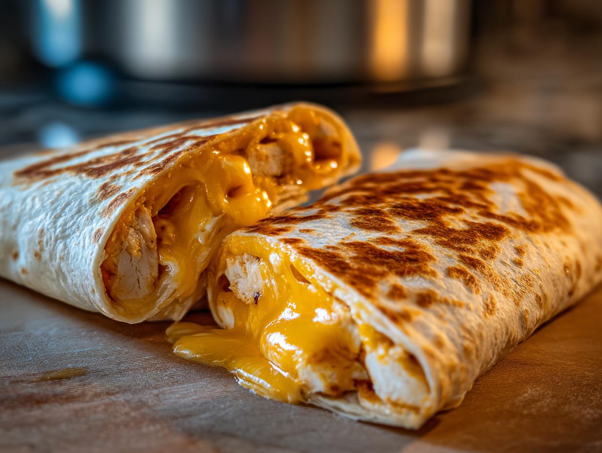 A close-up of cheesy garlic chicken wraps cut in half, showing melted cheese and chicken.