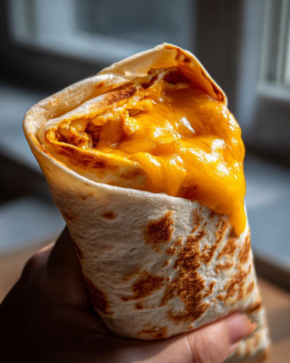 Close-up of a cheesy garlic chicken wrap with melted cheddar cheese oozing out.