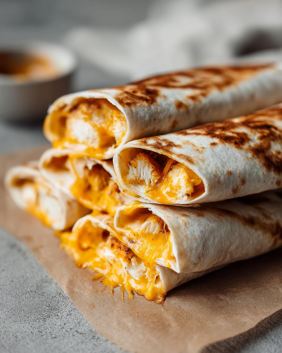 A stack of cheesy garlic chicken wraps, with melted cheese oozing out.
