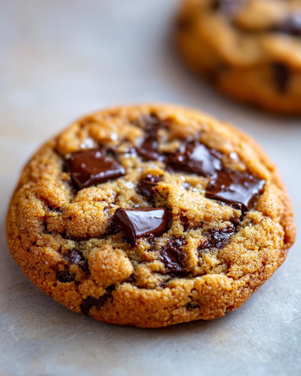 Close-up of a perfectly baked chewy chocolate chip cookie with large chocolate chunks and a sprinkle of sea salt.
