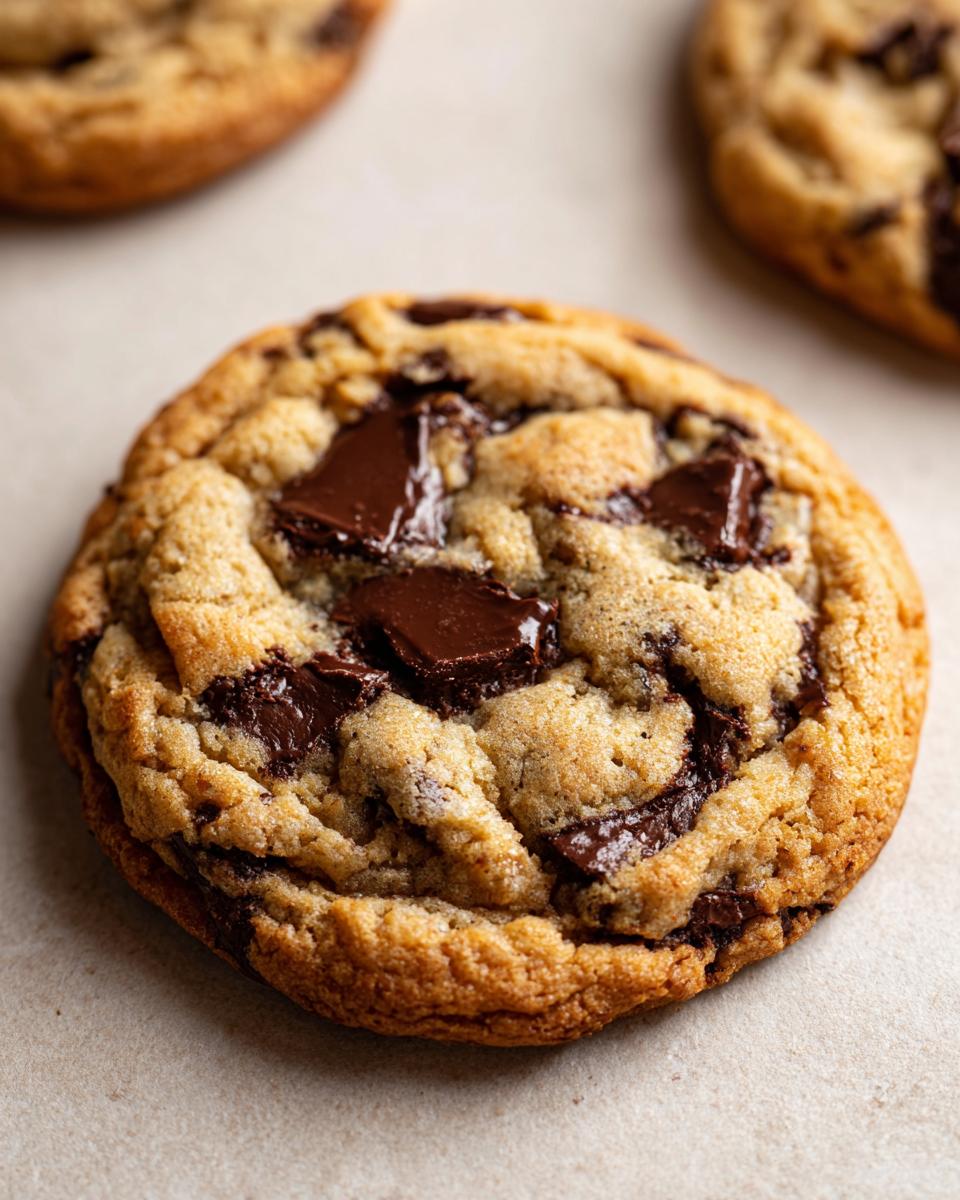 Close-up of a perfectly baked chewy chocolate chip cookie with large chunks of dark chocolate.