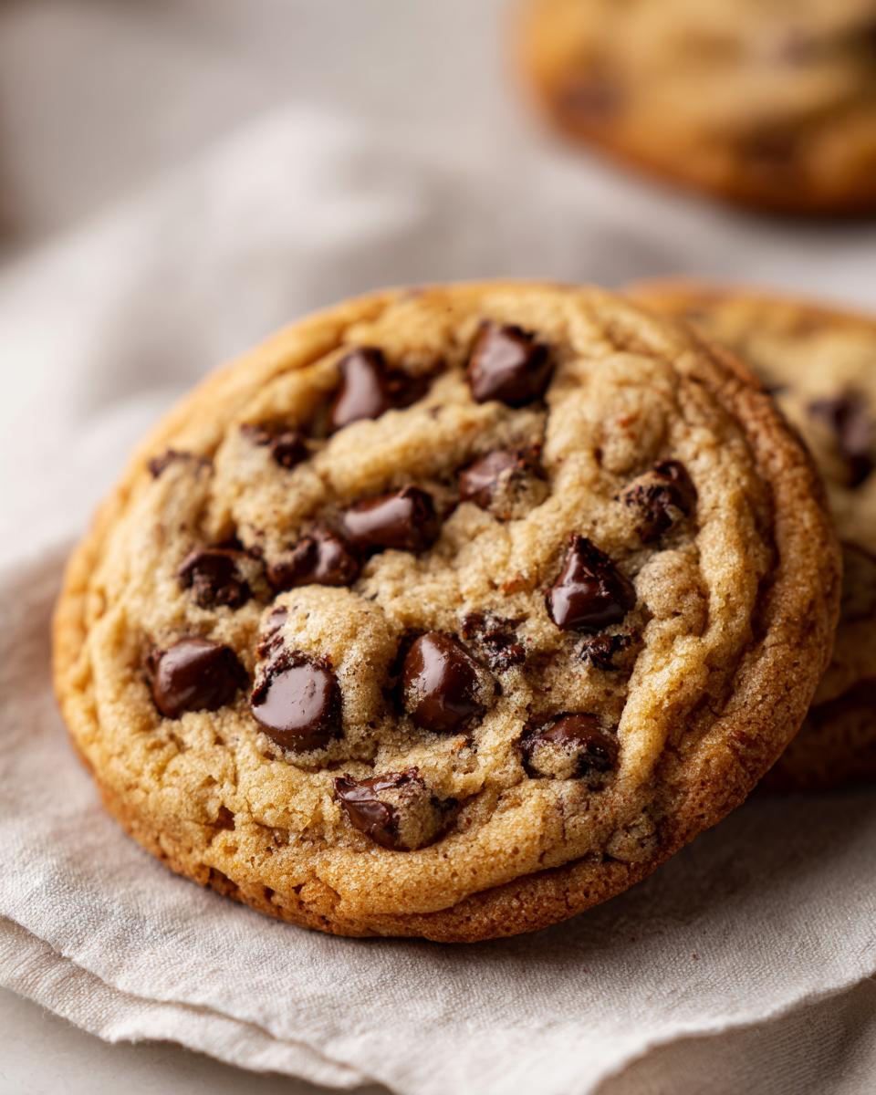 Close-up of a perfectly baked chewy chocolate chip cookie, loaded with dark chocolate chunks, resting on a linen cloth.
