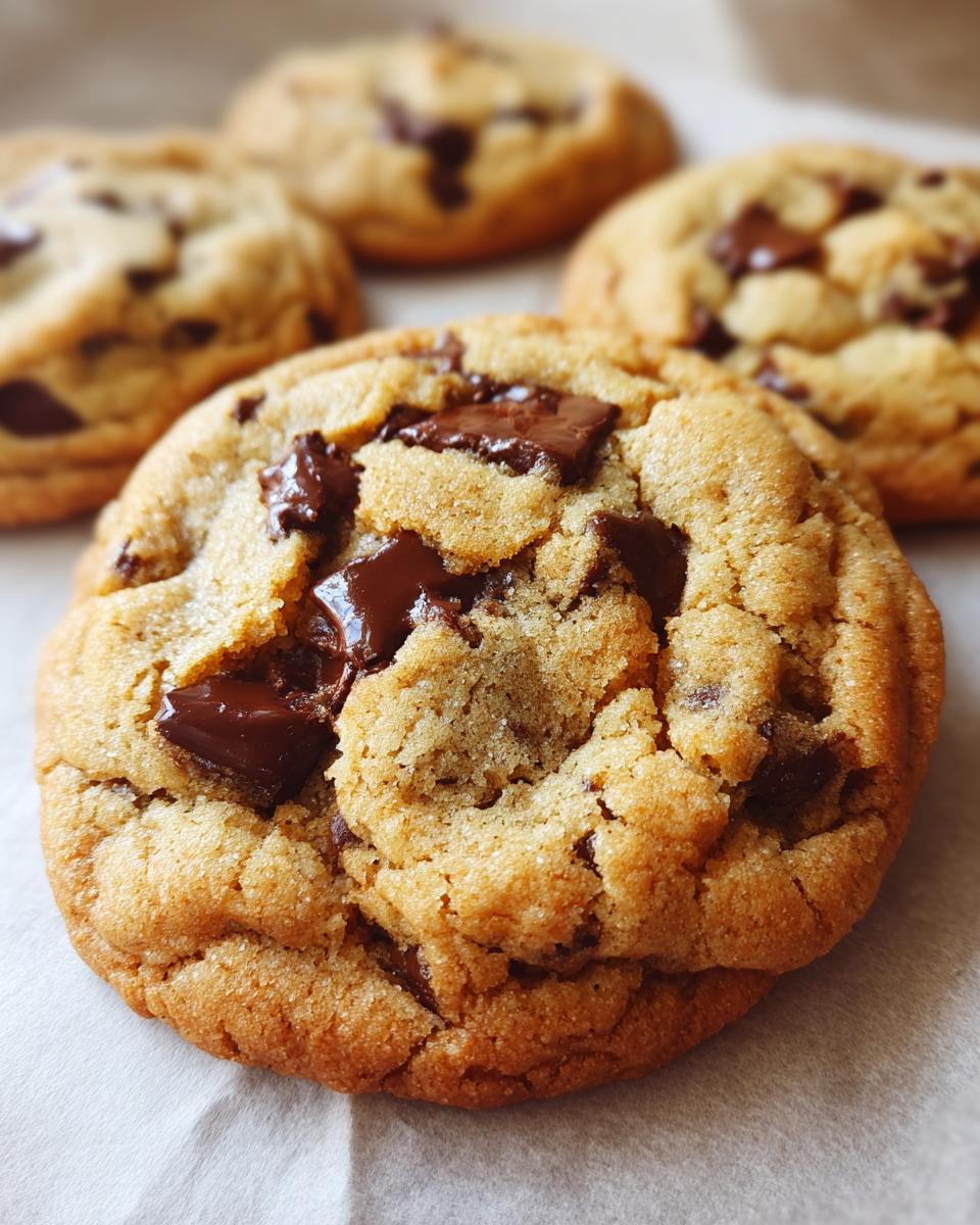 Close-up of a perfectly baked chewy chocolate chip cookie, overflowing with melted chocolate chunks.