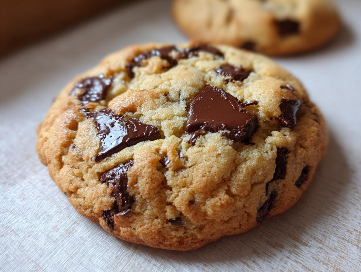 Close-up of a perfectly baked chewy chocolate chip cookie with melty chocolate chunks.