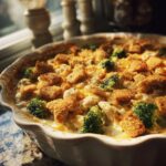 A close-up of a baked Chicken Divan casserole in a white dish, featuring chicken, broccoli florets, melted cheese, and croutons.