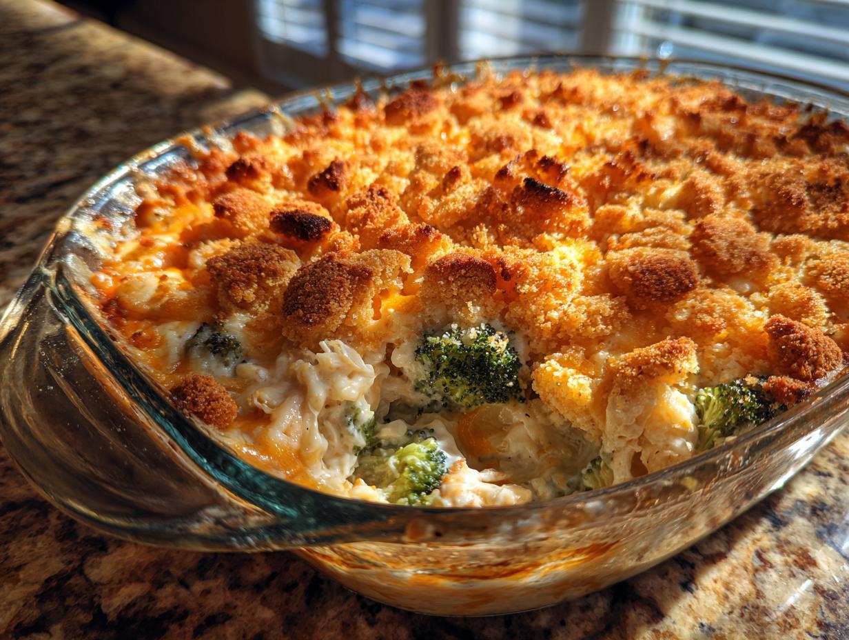 Close-up of a bubbling Chicken Divan casserole in a glass dish, featuring tender chicken, broccoli florets, and a golden breadcrumb topping.