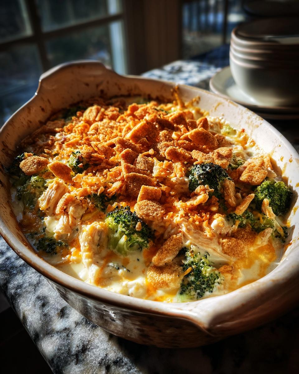 A golden-brown Chicken Divan casserole filled with chicken, broccoli, and creamy sauce, topped with crunchy breadcrumbs.