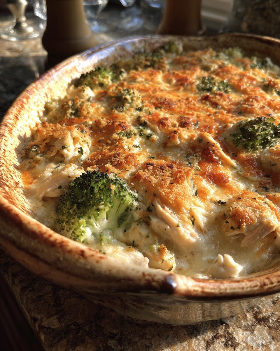 Close-up of a bubbling Chicken Divan casserole with broccoli florets and shredded chicken in a creamy sauce, topped with golden breadcrumbs.