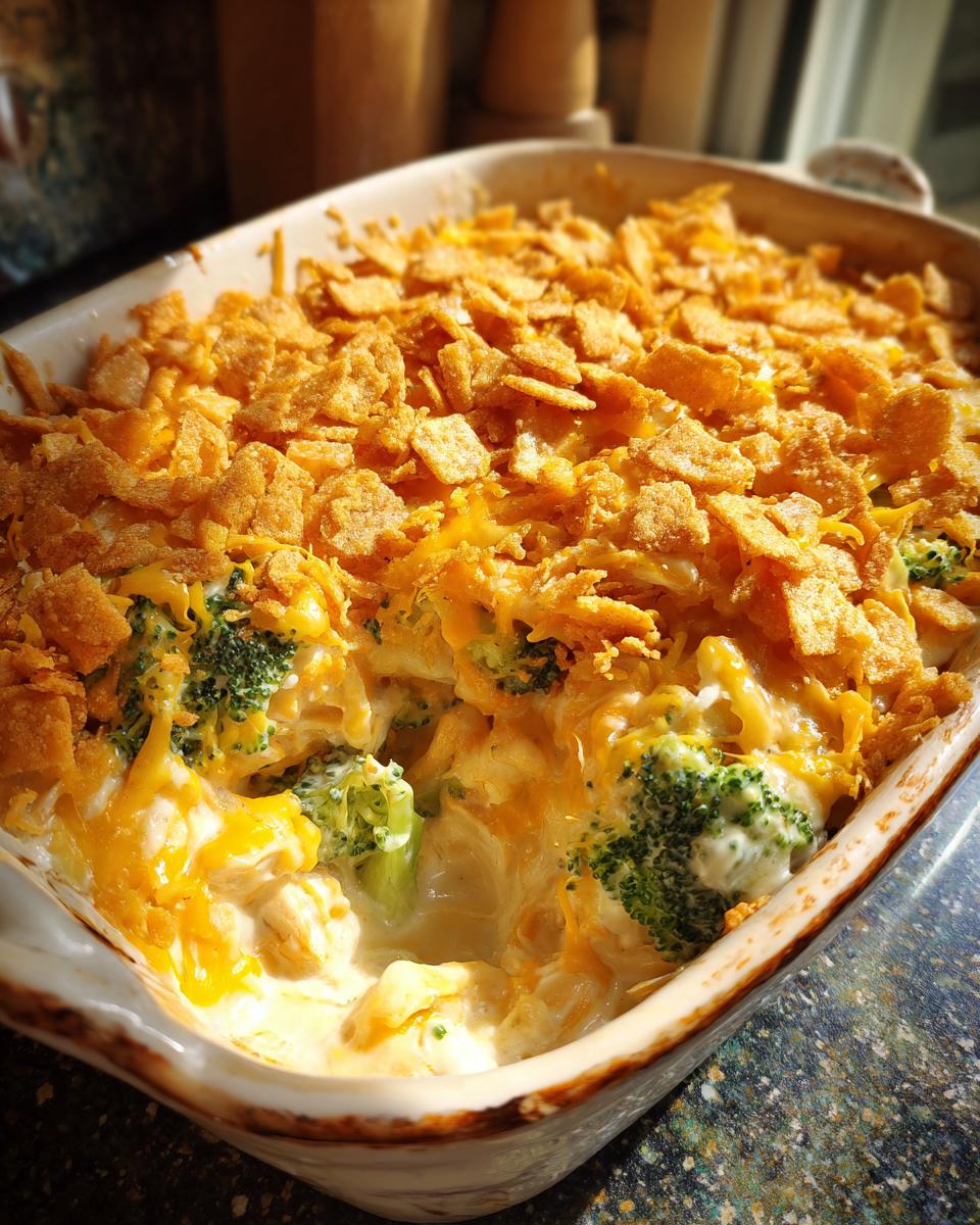 A close-up of a freshly baked Chicken Divan casserole in a baking dish, featuring creamy sauce, broccoli florets, chicken, and a crunchy topping.