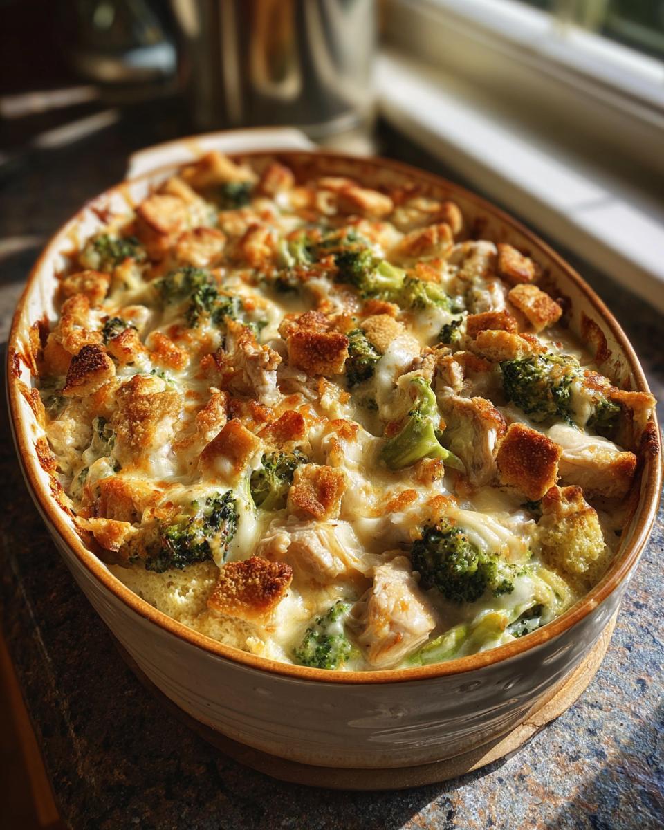 A golden-brown Chicken Divan casserole baked in an oval dish, topped with melted cheese, broccoli florets, and toasted croutons.