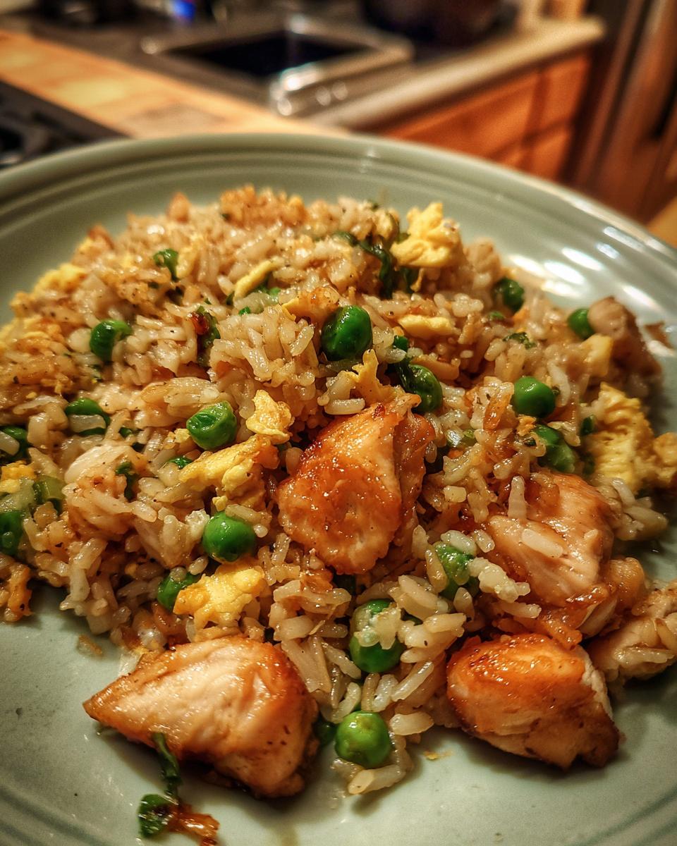 Close-up of a plate piled high with chicken fried rice, featuring tender chicken pieces, green peas, and scrambled egg.