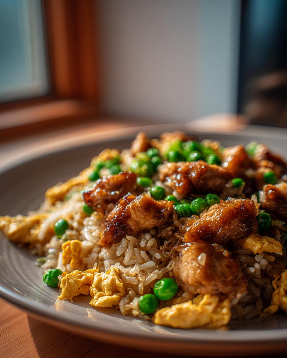 Close-up of delicious chicken fried rice, featuring tender chicken pieces, fluffy rice, scrambled egg, and bright green peas.